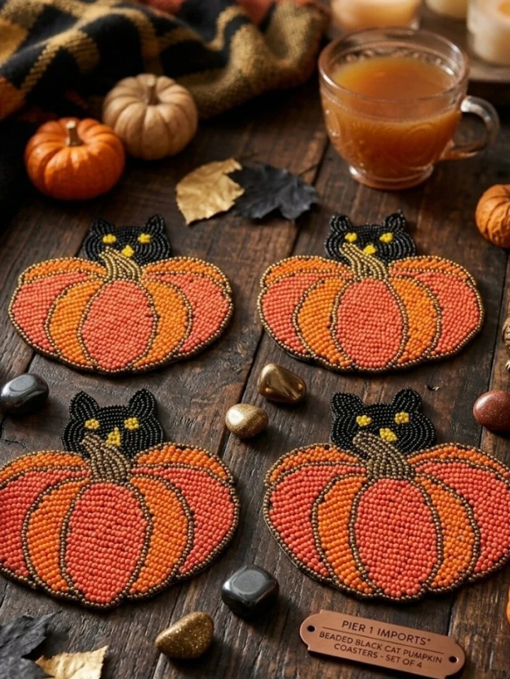 Pier 1 Imports Beaded Black Cat Pumpkin Halloween Coasters Set of 4